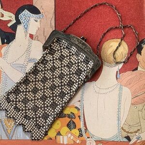 WHITING & DAVIS Art Deco Antique Black & White Metal Mesh Evening Bag 1930’s